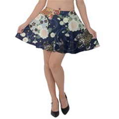 Japanese Wave Koi Illustration Pattern Velvet Skater Skirt