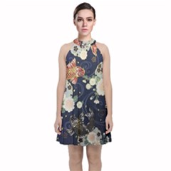 Japanese Wave Koi Illustration Pattern Velvet Halter Neckline Dress 