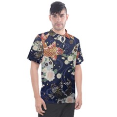 Japanese Wave Koi Illustration Pattern Men s Polo T-shirt