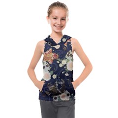 Japanese Wave Koi Illustration Pattern Kids  Sleeveless Hoodie by Ndabl3x