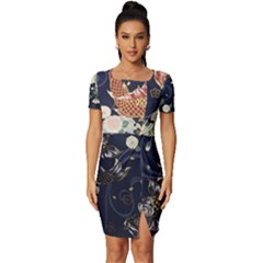 Japanese Wave Koi Illustration Pattern Fitted Knot Split End Bodycon Dress