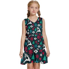 Holiday Season Pattern December Happy Holidays Merry Christmas Winter Family Festive New Year Kids  Sleeveless Tiered Mini Dress by Maspions