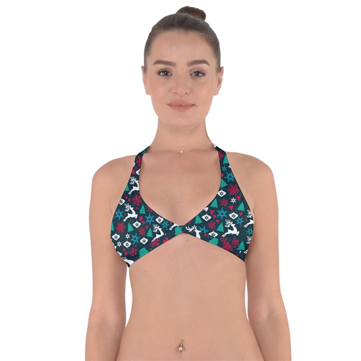 Holiday Season Pattern December Happy Holidays Merry Christmas Winter Family Festive New Year Halter Neck Bikini Top