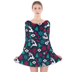 Holiday Season Pattern December Happy Holidays Merry Christmas Winter Family Festive New Year Long Sleeve Velvet Skater Dress