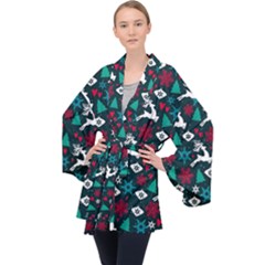 Holiday Season Pattern December Happy Holidays Merry Christmas Winter Family Festive New Year Long Sleeve Velvet Kimono  by Maspions