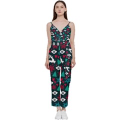 Holiday Season Pattern December Happy Holidays Merry Christmas Winter Family Festive New Year V-neck Camisole Jumpsuit by Maspions