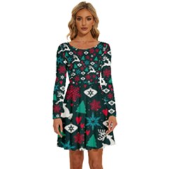 Holiday Season Pattern December Happy Holidays Merry Christmas Winter Family Festive New Year Long Sleeve Wide Neck Velvet Dress