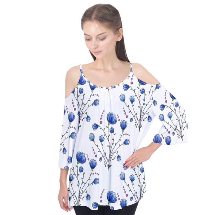 Flowers Seamless Pattern Victorian Flutter Sleeve T-Shirt