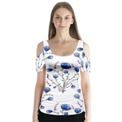 Flowers Seamless Pattern Victorian Butterfly Sleeve Cutout T-shirt 