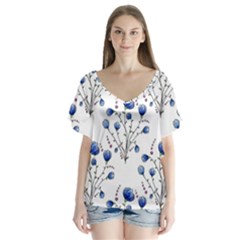 Flowers Seamless Pattern Victorian V-neck Flutter Sleeve Top