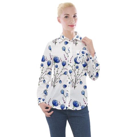 Flowers Seamless Pattern Victorian Women s Long Sleeve Pocket Shirt by Maspions