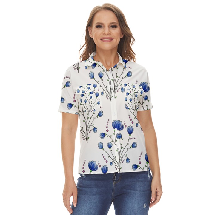 Flowers Seamless Pattern Victorian Women s Short Sleeve Double Pocket Shirt