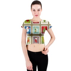 Christmas Stamp Pattern Crew Neck Crop Top