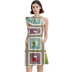 Christmas Stamp Pattern Cocktail Party Halter Sleeveless Dress With Pockets