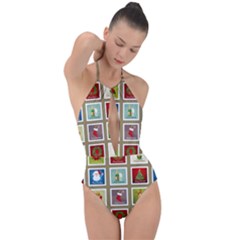 Christmas Stamp Pattern Plunge Cut Halter Swimsuit