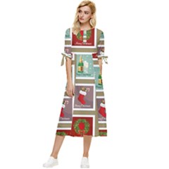 Christmas Stamp Pattern Bow Sleeve Chiffon Midi Dress