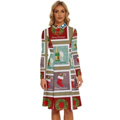 Christmas Stamp Pattern Long Sleeve Shirt Collar A-Line Dress