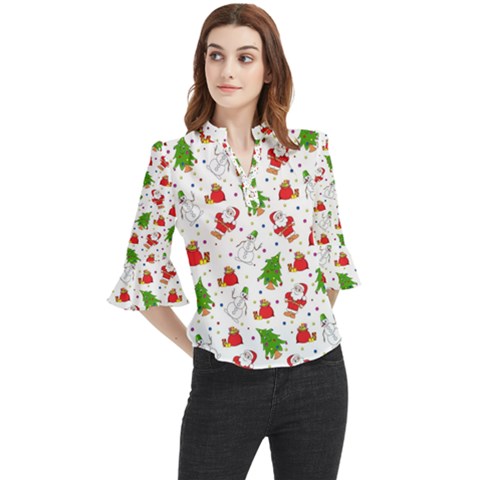 Christmas Pattern  Trees Santa Loose Horn Sleeve Chiffon Blouse by Maspions