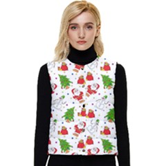 Christmas Pattern  Trees Santa Women s Button Up Puffer Vest