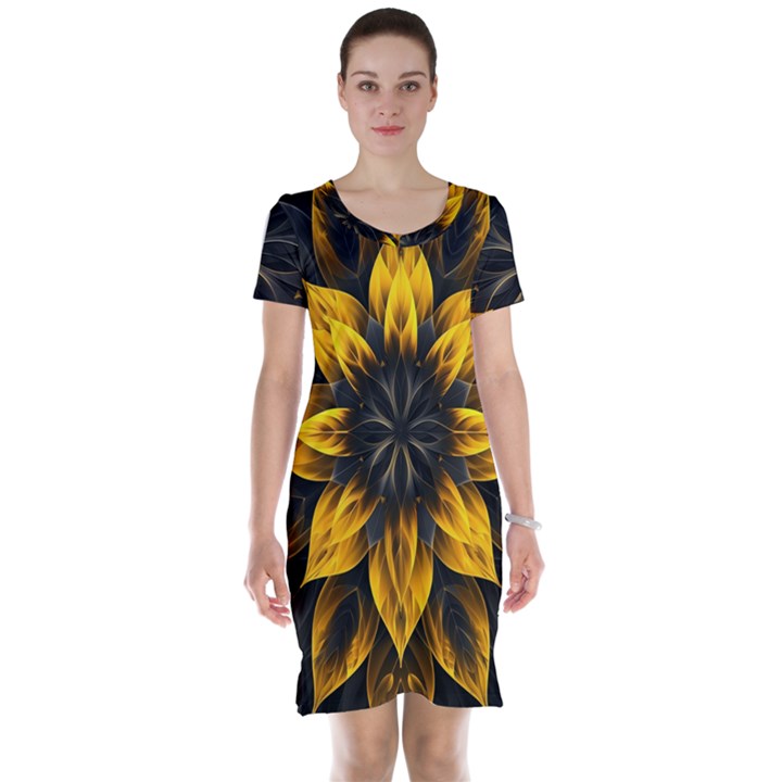 Yellow Flower Pattern Leaves Short Sleeve Nightdress