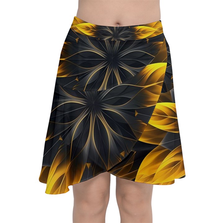 Yellow Flower Pattern Leaves Chiffon Wrap Front Skirt