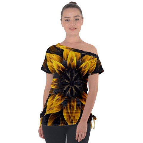 Yellow Flower Pattern Leaves Off Shoulder Tie-up T-shirt by Maspions