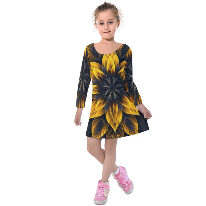 Yellow Flower Pattern Leaves Kids  Long Sleeve Velvet Dress