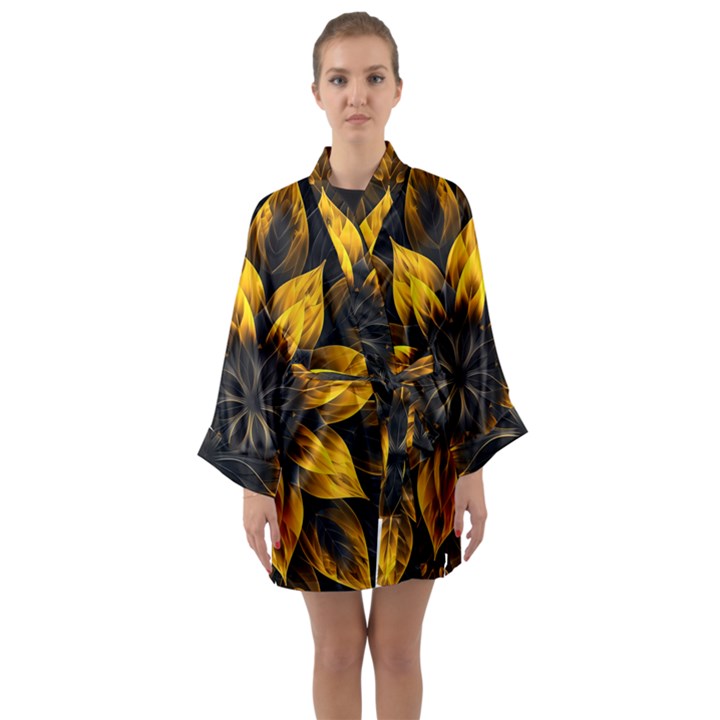 Yellow Flower Pattern Leaves Long Sleeve Satin Kimono