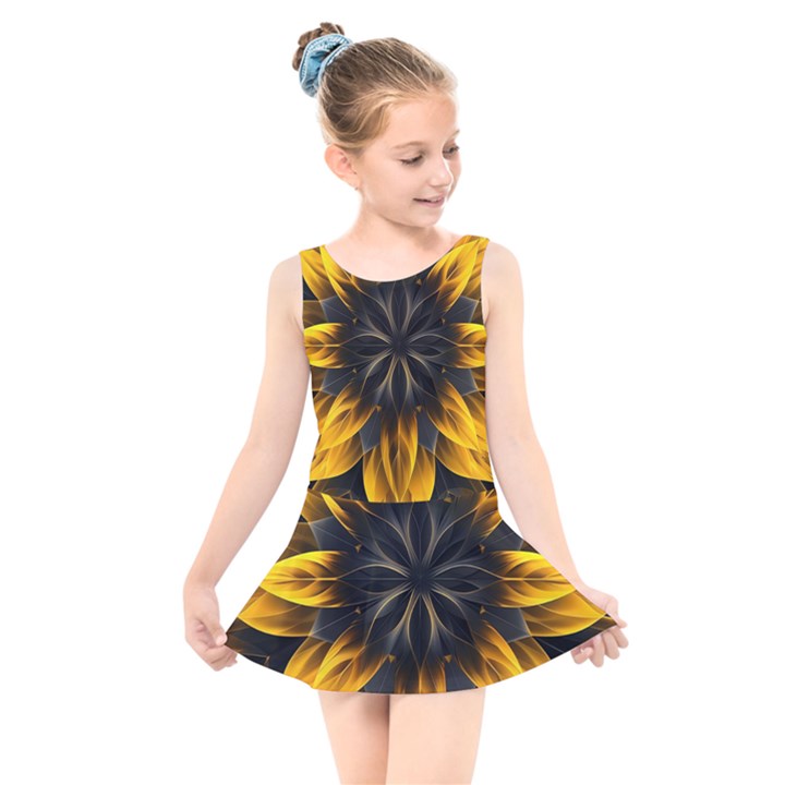 Yellow Flower Pattern Leaves Kids  Skater Dress Swimsuit