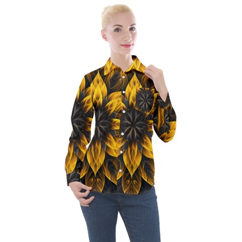 Yellow Flower Pattern Leaves Women s Long Sleeve Pocket Shirt by Maspions