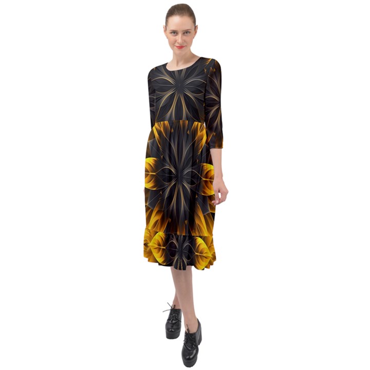 Yellow Flower Pattern Leaves Ruffle End Midi Chiffon Dress