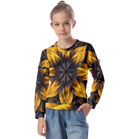 Yellow Flower Pattern Leaves Kids  Long Sleeve T-shirt With Frill  by Maspions