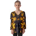 Yellow Flower Pattern Leaves Kids  V Neck Casual Top View1