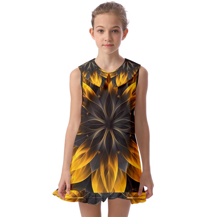 Yellow Flower Pattern Leaves Kids  Pilgrim Collar Ruffle Hem Dress