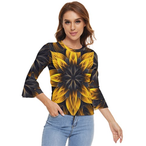 Yellow Flower Pattern Leaves Bell Sleeve Top by Maspions