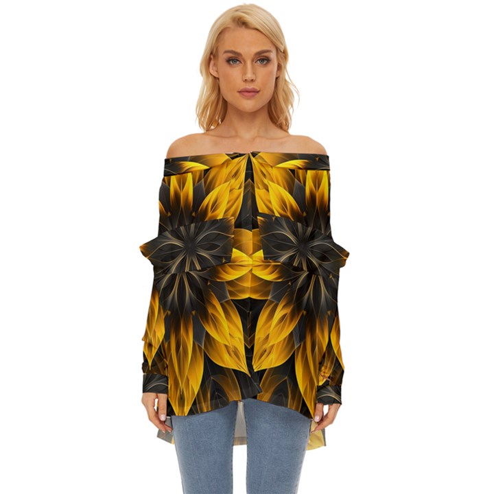 Yellow Flower Pattern Leaves Off Shoulder Chiffon Pocket Shirt