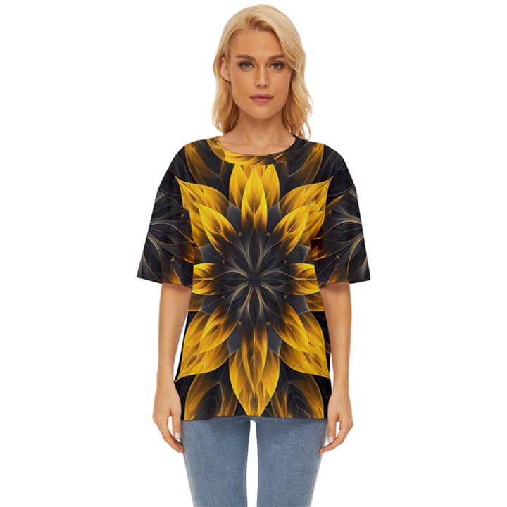 Yellow Flower Pattern Leaves Oversized Basic T-Shirt