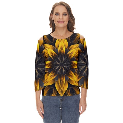 Yellow Flower Pattern Leaves Cut Out Wide Sleeve Top by Maspions