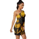 Yellow Flower Pattern Leaves Long Sleeve One Shoulder Mini Dress View3