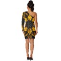 Yellow Flower Pattern Leaves Long Sleeve One Shoulder Mini Dress View4