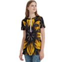 Yellow Flower Pattern Leaves Women s Zip Front V-Neck Short Sleeve Casual Top Pocket Shirt View2