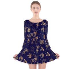 Christmas Pattern Gold December  Happy Holidays Merry Christmas Winter Family Festive Gold New Year Long Sleeve Velvet Skater Dress