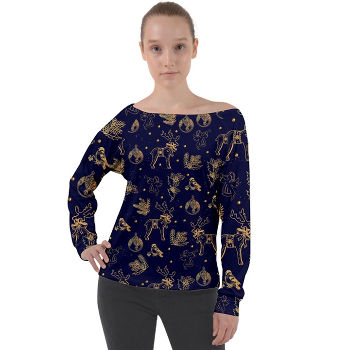 Christmas Pattern Gold December  Happy Holidays Merry Christmas Winter Family Festive Gold New Year Off Shoulder Long Sleeve Velour Top