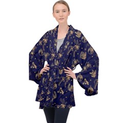 Christmas Pattern Gold December  Happy Holidays Merry Christmas Winter Family Festive Gold New Year Long Sleeve Velvet Kimono  by Maspions