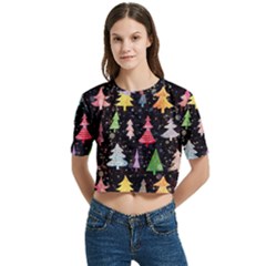 Fun Christmas Trees Adoxali Scandinavian Artistic Background Pattern Women s Round Neck Short Sleeve Crop Top by Maspions