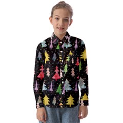 Fun Christmas Trees Adoxali Scandinavian Artistic Background Pattern Kids  Long Sleeve Shirt by Maspions