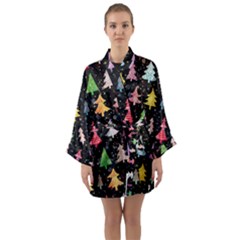 Fun Christmas Trees Adoxali Scandinavian Artistic Background Pattern Long Sleeve Satin Kimono by Maspions