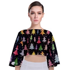 Fun Christmas Trees Adoxali Scandinavian Artistic Background Pattern Tie Back Butterfly Sleeve Chiffon Top by Maspions