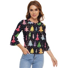 Fun Christmas Trees Adoxali Scandinavian Artistic Background Pattern Bell Sleeve Top