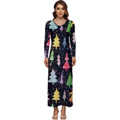 Fun Christmas Trees Adoxali Scandinavian Artistic Background Pattern Long Sleeve Longline Maxi Dress by Maspions